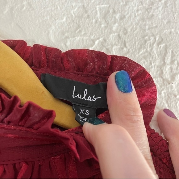 Lulu’s Cheerful Charmer Wine Red Lurex Long Sleeve Mini Dress - Picture 12 of 13